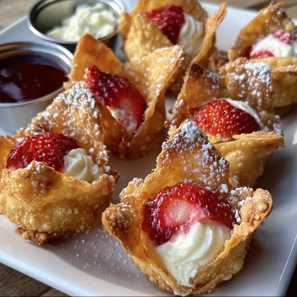 Deep-Fried Strawberry Cheesecake Stuffed Wonton Bites with Vanilla Cream Drizzle - tertiary view